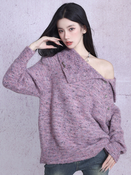 One-shoulder purple design over-knit