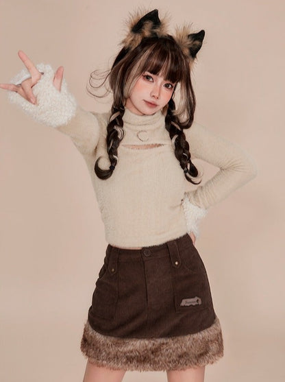 Charcoal Wolf Girl Retro Fur Skirt