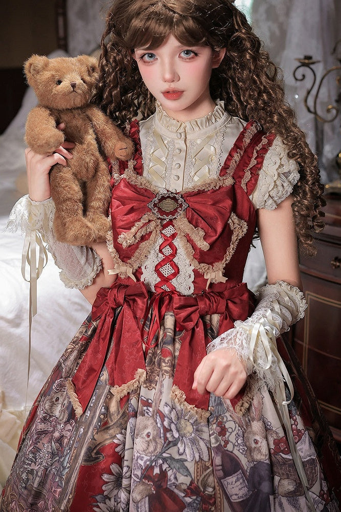 [Date limite de précommande : 7 août] Ensemble complet robe JKS vintage rouge à imprimé lapin histoire avec ruban antique + chemise à volants + manchettes lacées