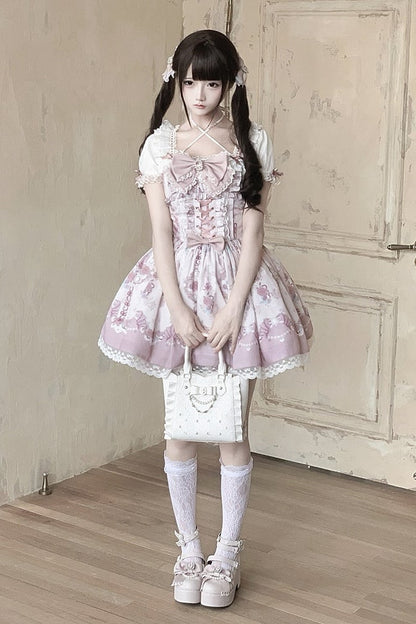 【6月15日予約締切】ロマンティックフローラルピンクレースアップジュエルリボンドレス