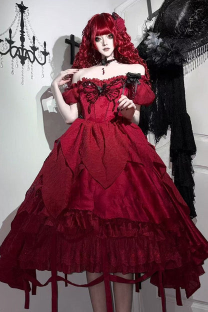 【10月28日予約締切】Red Butterfly Gothic Lolita Puff Sleeve Dress Top + Layered Ruffle Asymmetrical Hem Skirt Set (With Chest Brooch + Waist Brooch)
