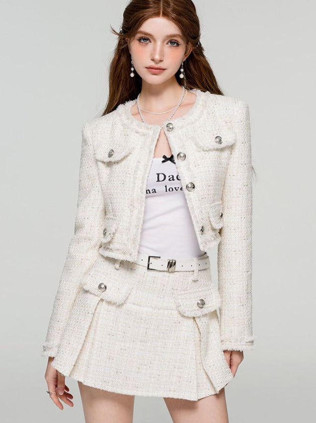 White Fragrance Celebrity Tweed Short Jacket + Skirt