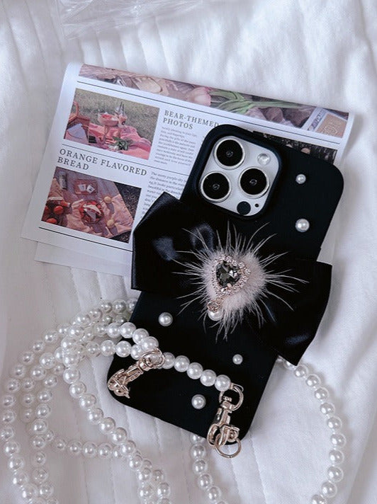 Étui pour téléphone portable à chaîne avec ruban de fourrure en forme de diamant et de perle