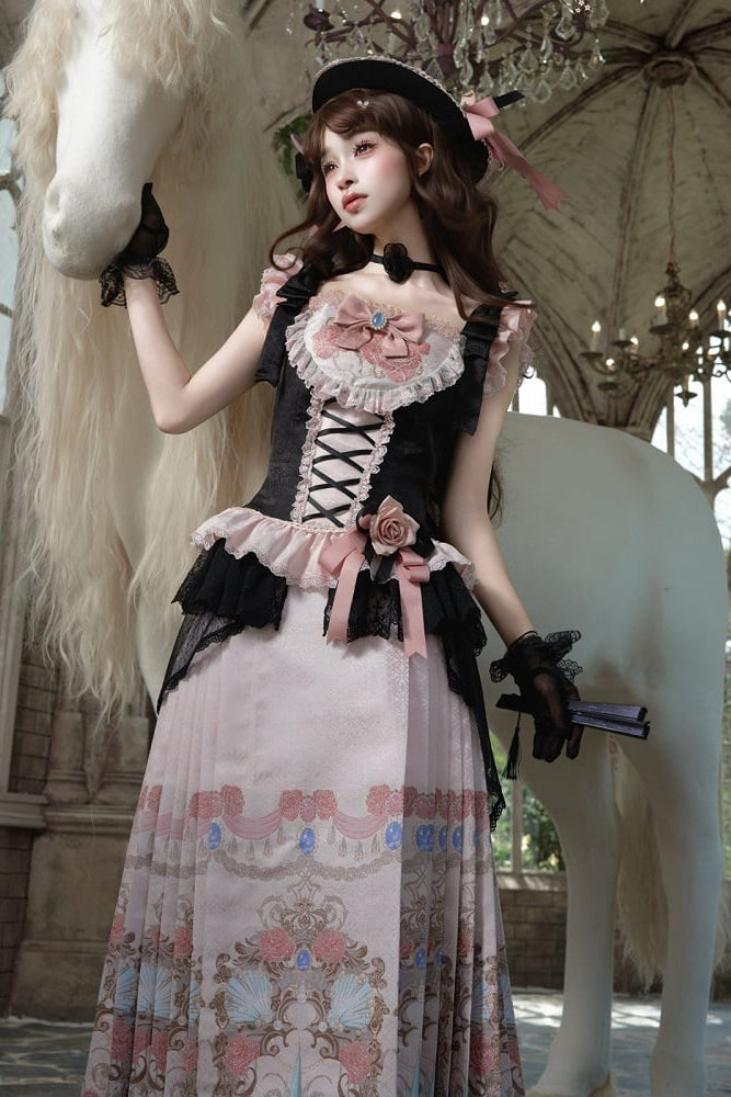 【10月10日予約締切】Black Pink Romantic Rose Castle Classic Lolita Series Accessories(Rose Ribbon Lace Hat + Ribbon Hair Clip)