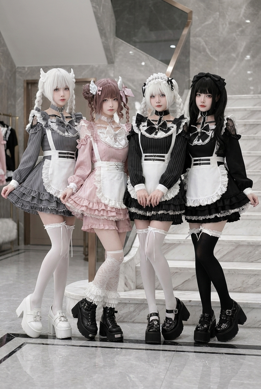 【5月13日予約締切】クロスゴシックチョーカーネックメイドスタイルレースエプロンリボンドレス4点セット