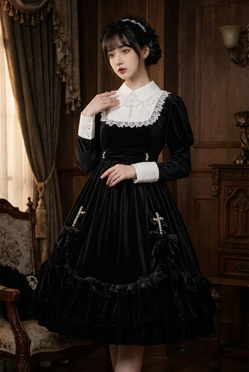 Velvet Cross Maid Gothic Dark Lolita Dress Belchic Velvet Cross Maid Gothic Dark Lolita Dress Belchic