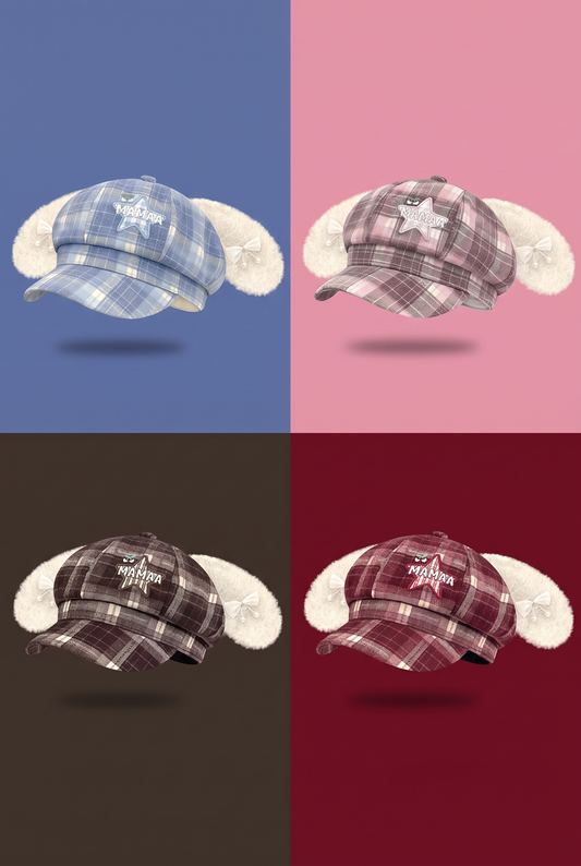 Plaid Rabbit Ear Octagonal Hat