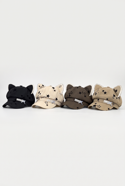 Star Bow Plush Ear Octagonal Newsboy Cap