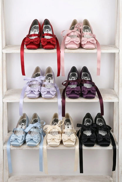 Lace-up Ribbon Satin Square Toe Shoes