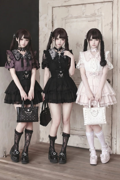 [Deadline for reservations: August 17] Black Purple And White Lace Collar Mine Shirt + Jewel Ribbon + Choker