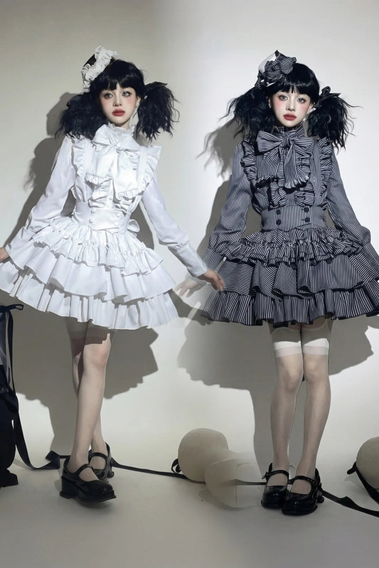 Striped Gothic Lolita Shirt + Tiered Skirt