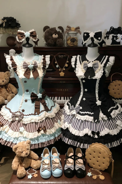 [Cierre de reservas el 22 de junio] Vestido escalonado dulce lolita pastel y negro con estrellas y lazos