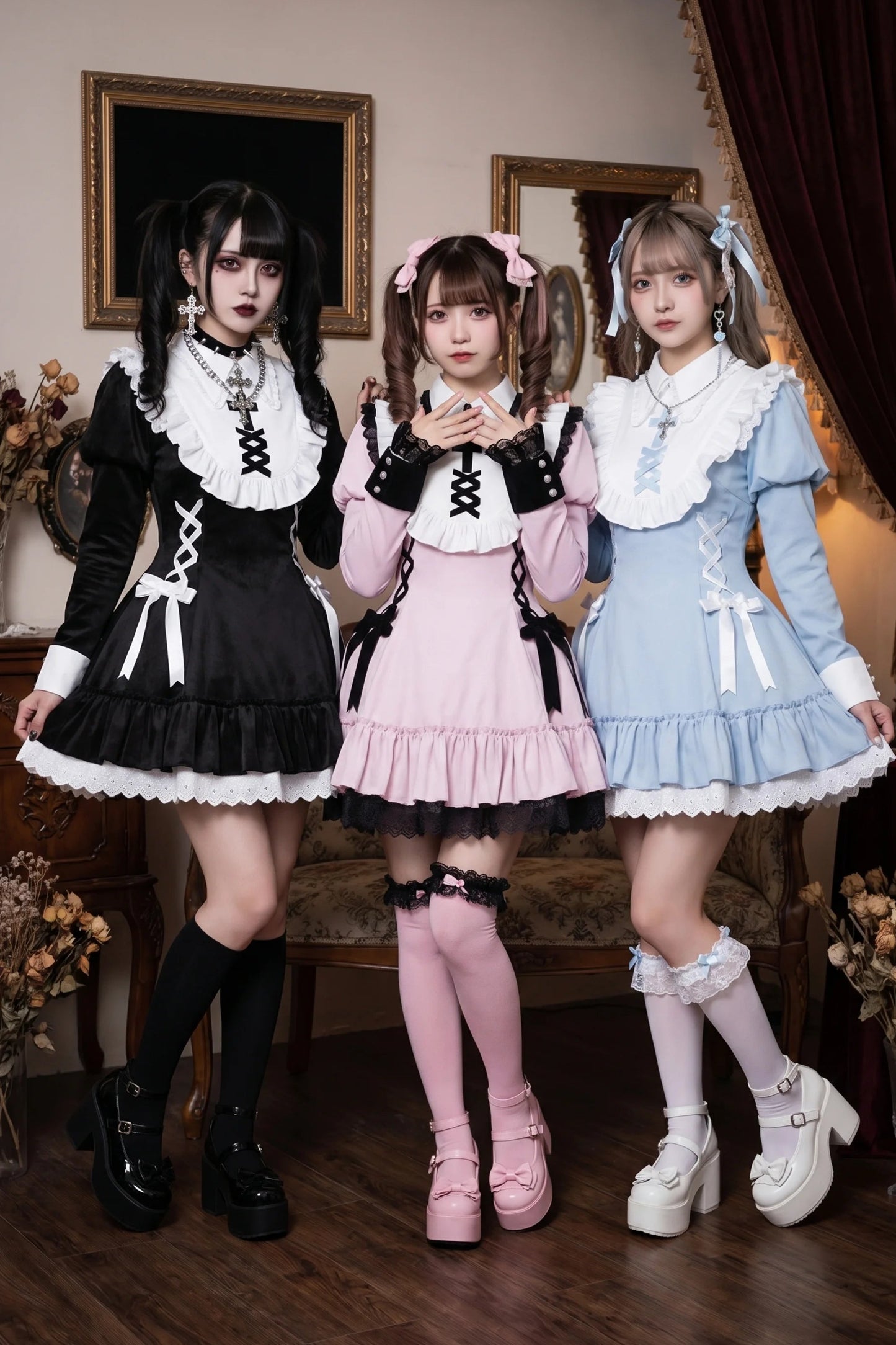 Lace-Up Ribbon Lolita Dress + Brooch + Hair Clip