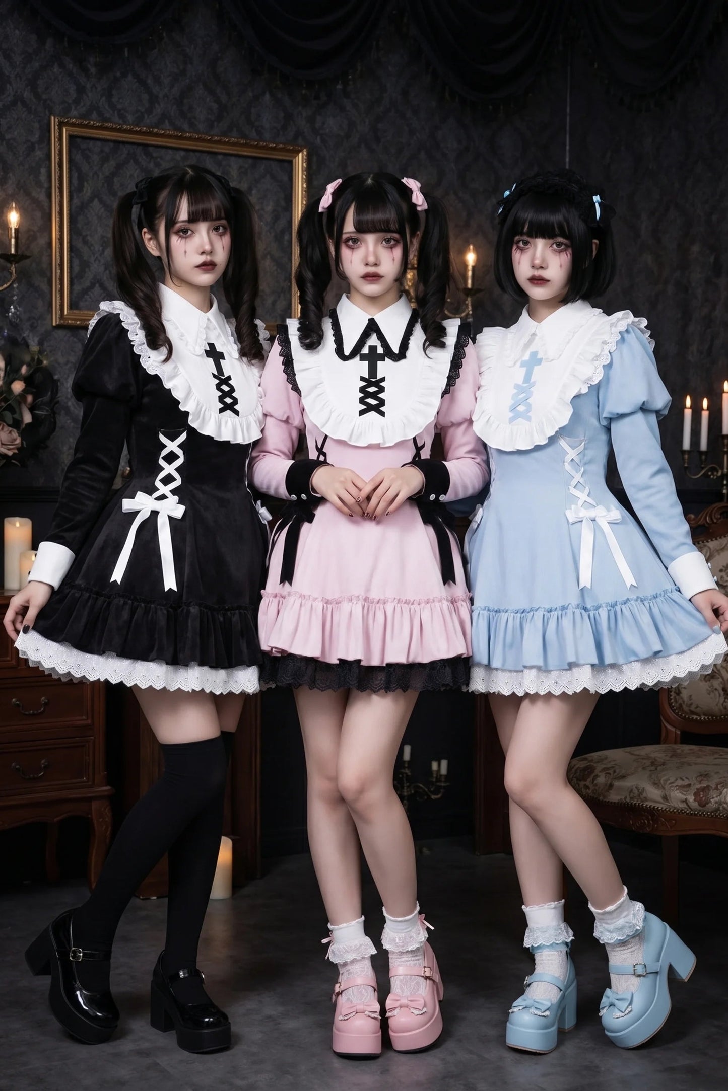 Lace-Up Ribbon Lolita Dress + Brooch + Hair Clip