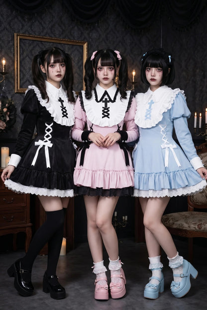 Lace-Up Ribbon Lolita Dress + Brooch + Hair Clip