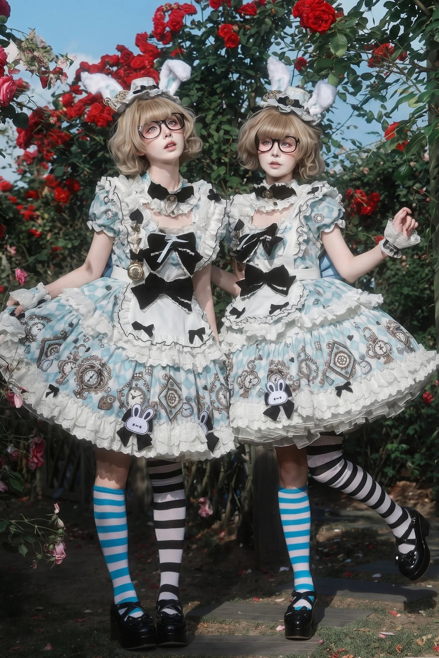 [Reservierungsschluss 30. Juni] Blau-weißes Alice-im-Wunderland Sweet-Lolita-Schleifen-Schürzen-OP-Kleid + Komplettset 1/2