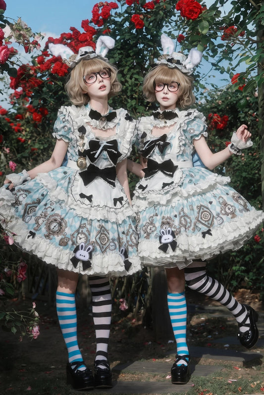 [Pre-order Deadline: June 30] Blue x White Alice Wonderland Sweet Lolita Ribbon Apron OP Dress + Complete Set 1/2