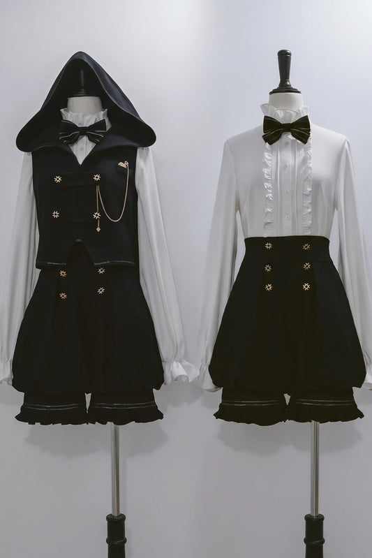 [Pre-commande] Cape a capuche de prince sombre＋gilet a capuche de lapin＋pantalon citrouille＋chemise elegante a volants＋grand ruban de taille