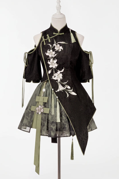 Floral Gothic Asymmetric Cheongsam Dress + Skirt