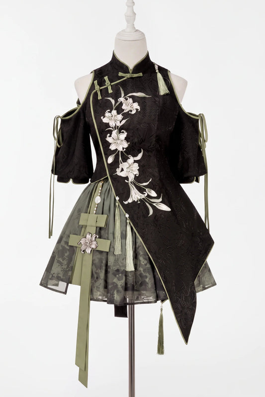 Floral Gothic Asymmetric Cheongsam Dress + Skirt