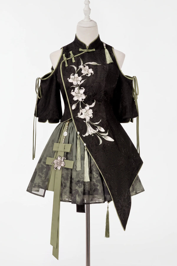 Floral Gothic Asymmetric Cheongsam Dress + Skirt