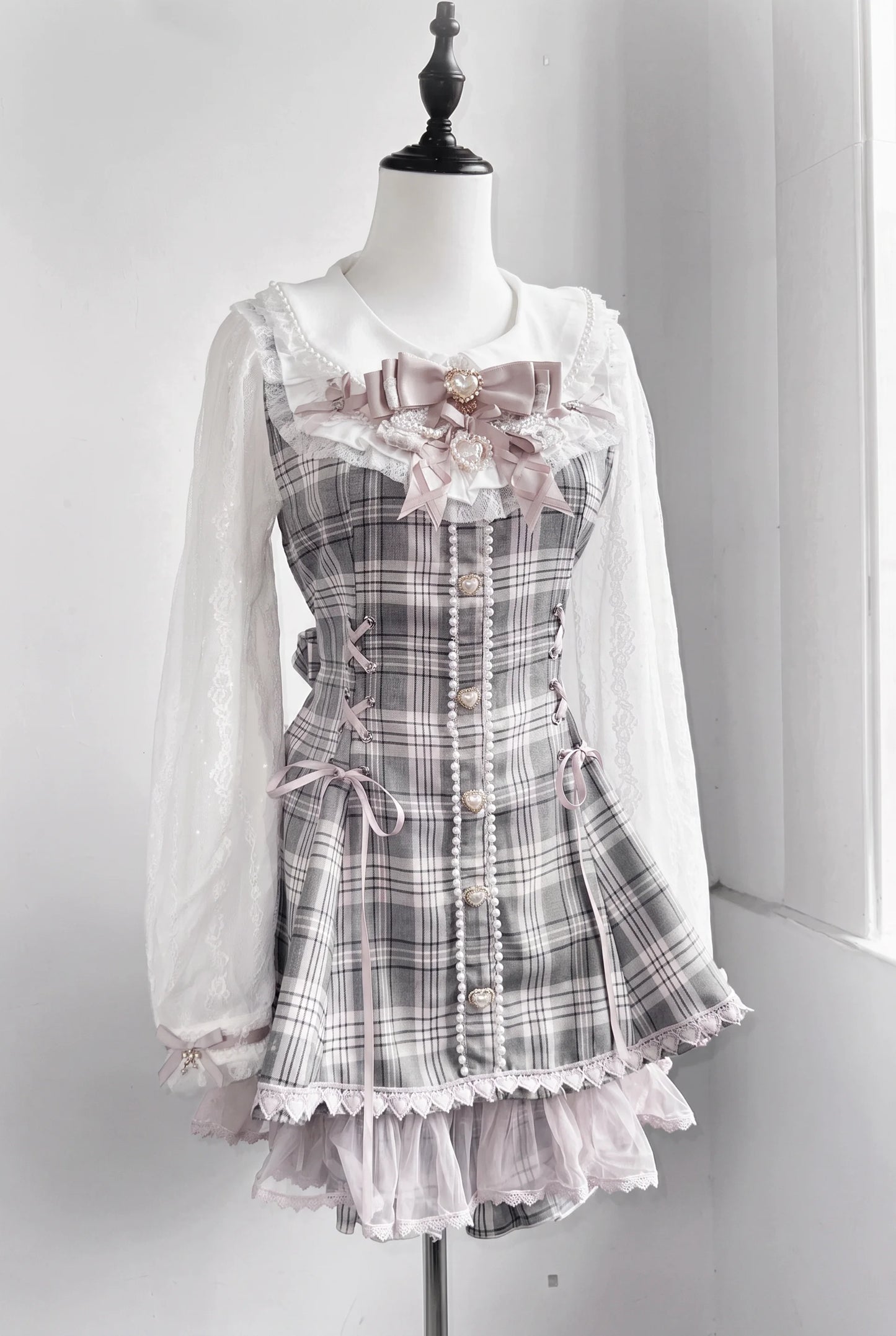 Lace Pearl Collar Long-Sleeve Set