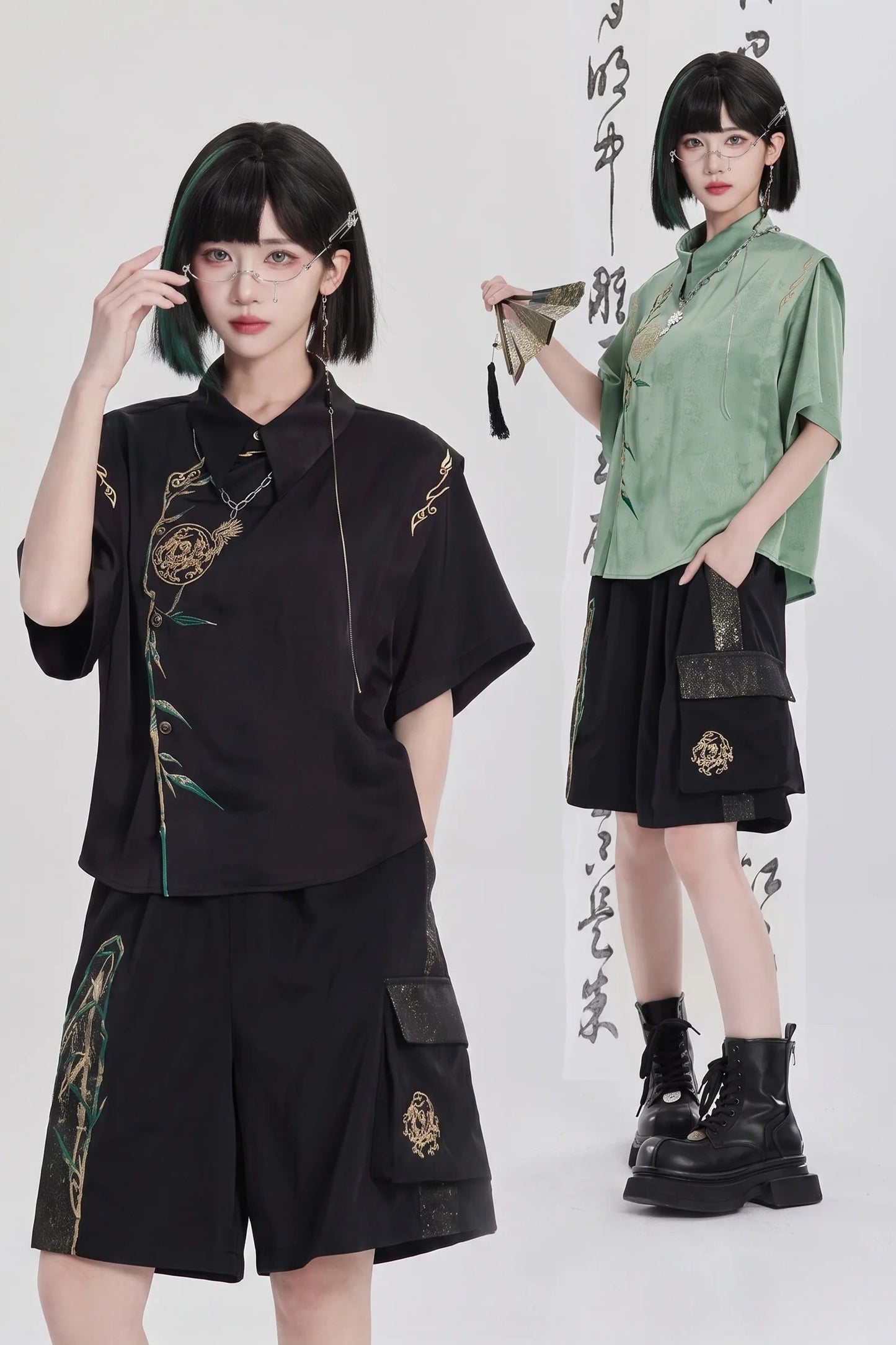 Golden Crow Embroidered Blouse Set-Up