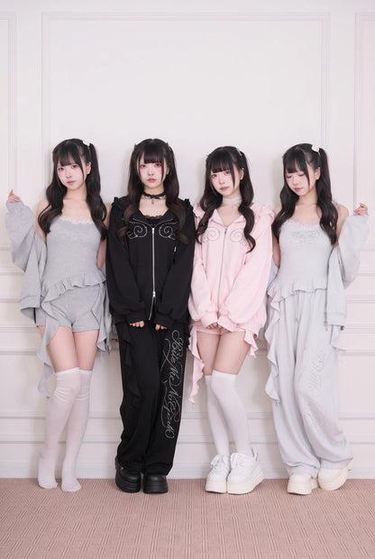 Lace Subculture Hooded Sweatshirt + Camisole + Shorts + Long Pants