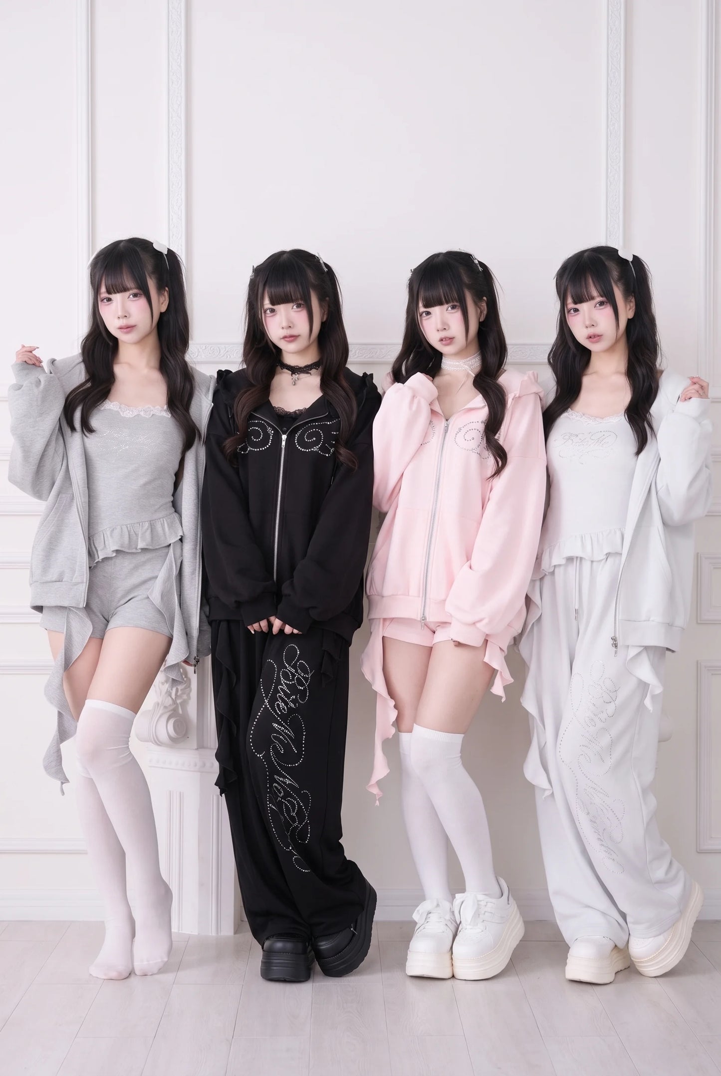 Lace Subculture Hooded Sweatshirt + Camisole + Shorts + Long Pants