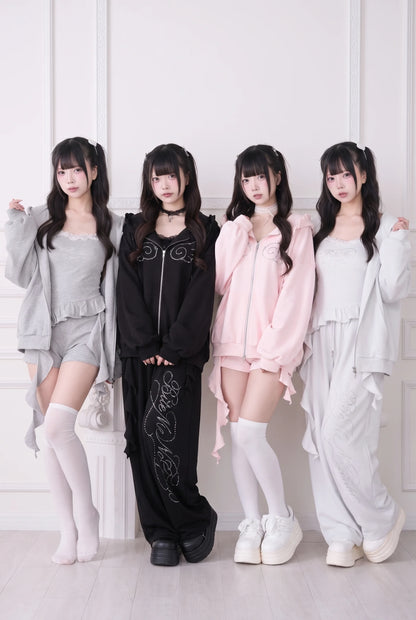 Lace Subculture Hooded Sweatshirt + Camisole + Shorts + Long Pants
