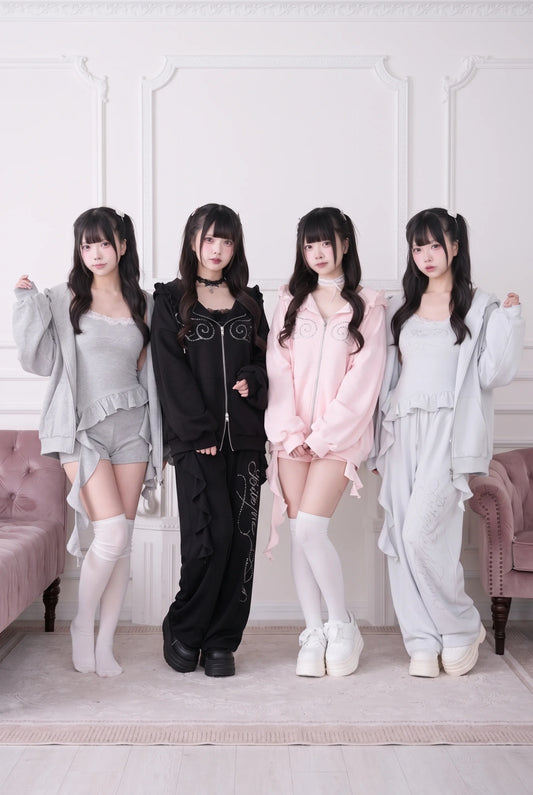 レースサブカルチャーフードスウェットシャツ＋キャミソール＋ショートパンツ＋ロングパンツ