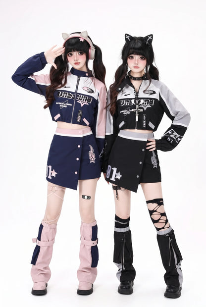 Locker geschnittenes Biker-Baseballjacken-Set mit Rock