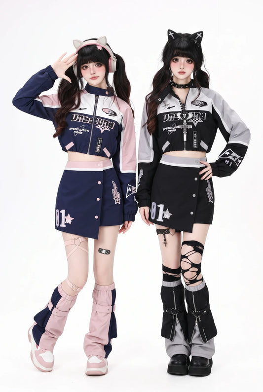 Loose Biker Baseball Jacket With Skirt Set-Up