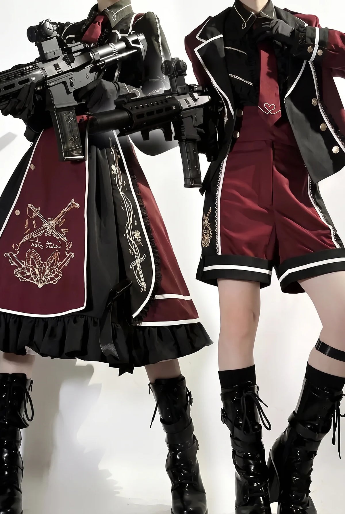 Rot-Schwarz/Blau-Schwarz Dark-Lolita-JKS-Kleid mit goldener Stickerei, Reverskragen, Krawatte und Gürtel mit Hüfttasche