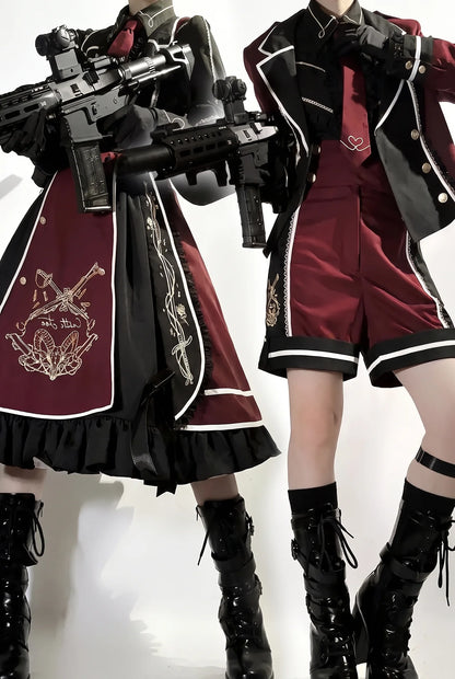 Rot-Schwarz/Blau-Schwarz Dark-Lolita-JKS-Kleid mit goldener Stickerei, Reverskragen, Krawatte und Gürtel mit Hüfttasche