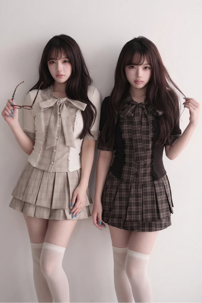 Plaid Patchwork Top and Skirt Set