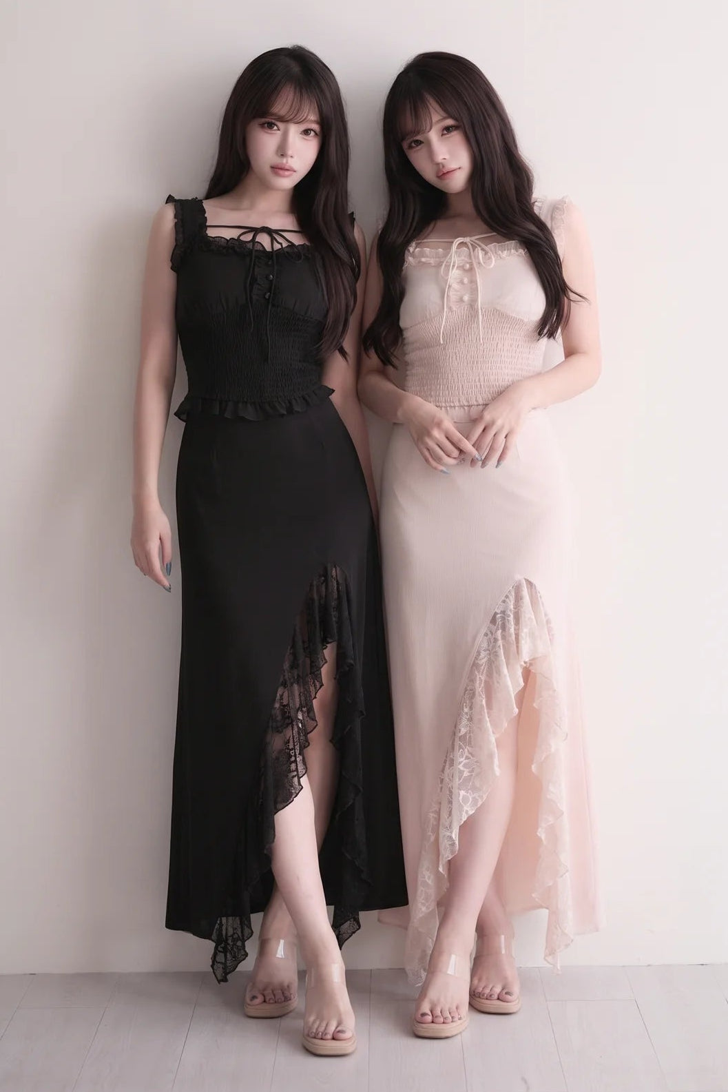 Elegant Ruffle Top & Lace Slit Skirt Set