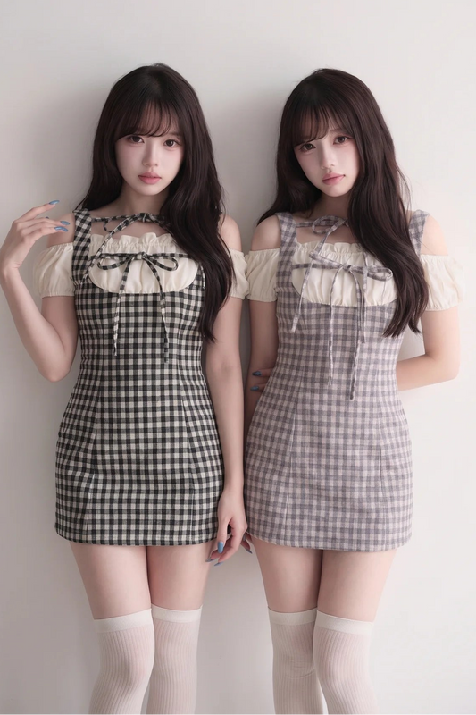 Small Checkered Off-Shoulder Tie Dress