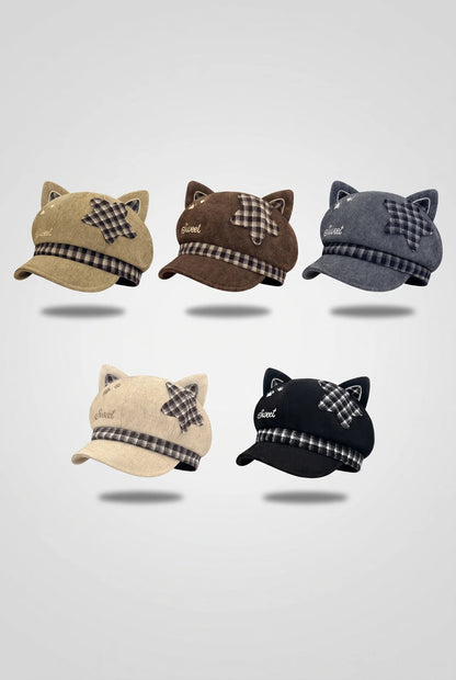 Plaid Star Cat Ear Octagonal Beret