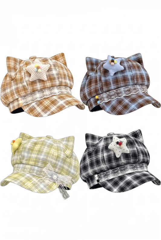 Plaid Lace Cat Ear Bow Octagonal Hat