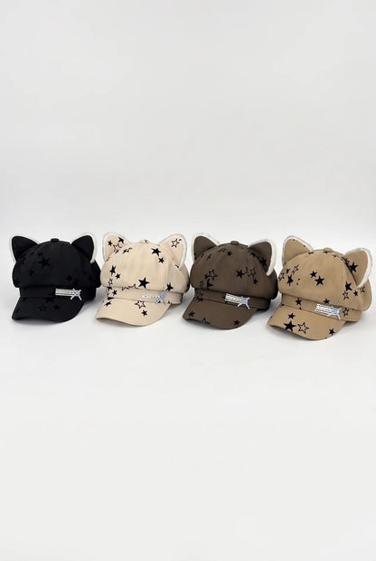 Star Bow Plush Ear Octagonal Newsboy Cap