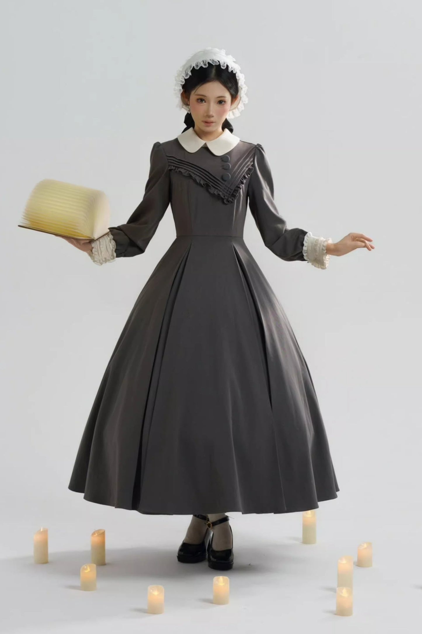 【12月21日予約締切】クラシックロリータ修道女ロングドレス＋クロスフリルエプロン＋ボンネット