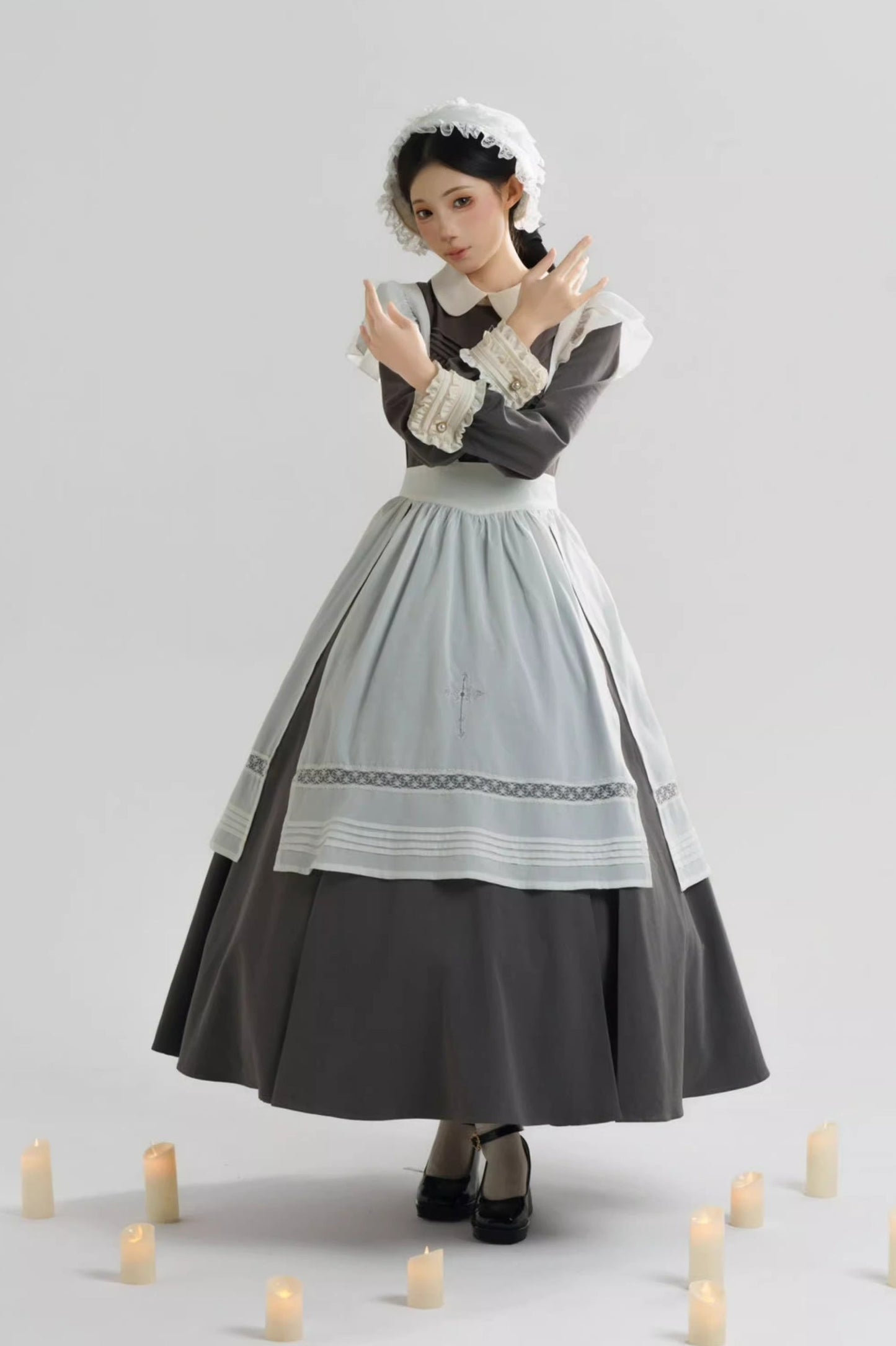 【12月21日予約締切】クラシックロリータ修道女ロングドレス＋クロスフリルエプロン＋ボンネット