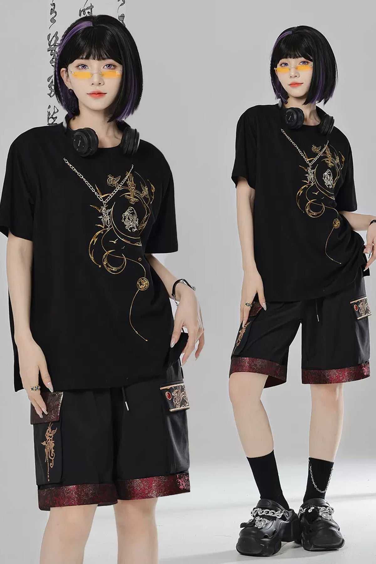 Short-Sleeve Dragon Embroidered T-Shirt and Shorts Set-Up