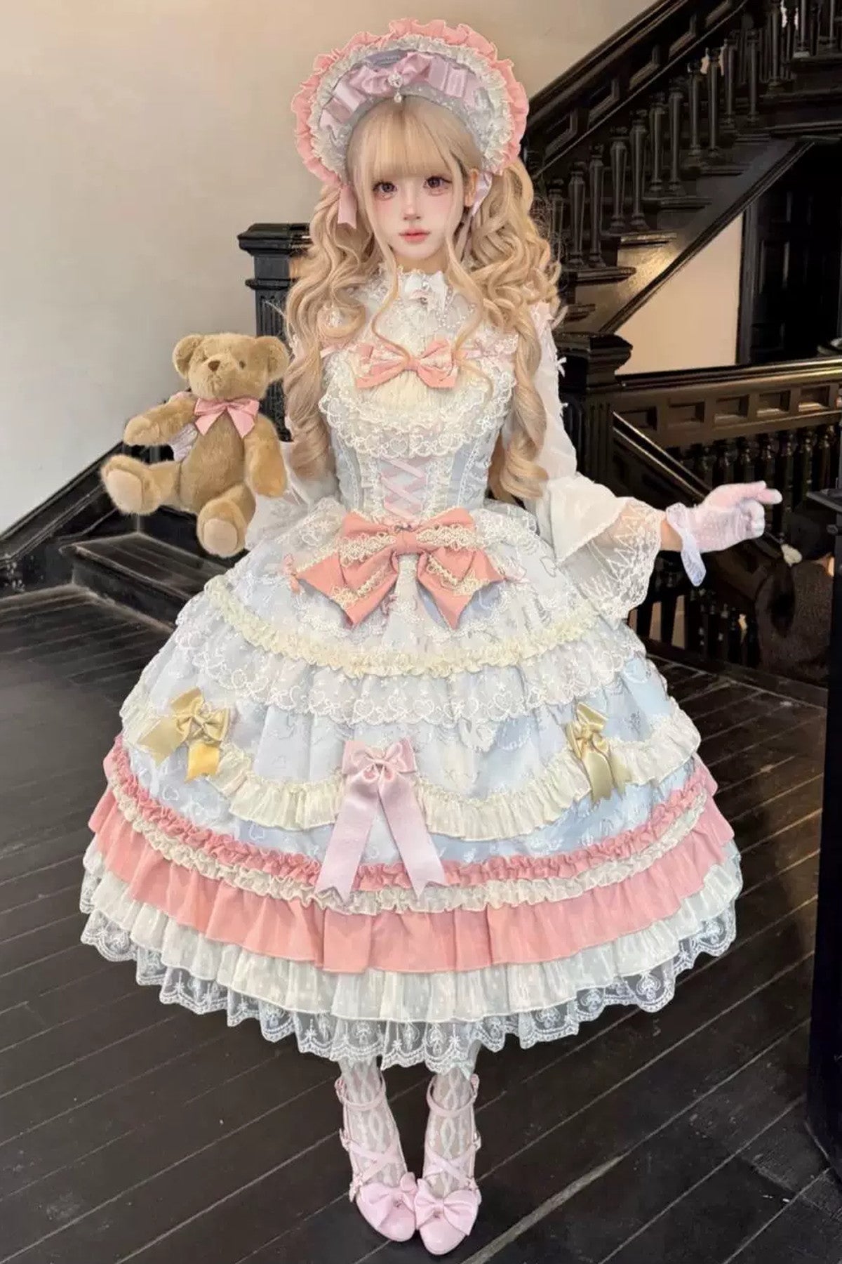 Weißes Tee-Schleifen-Lolita-JSK-Kleid