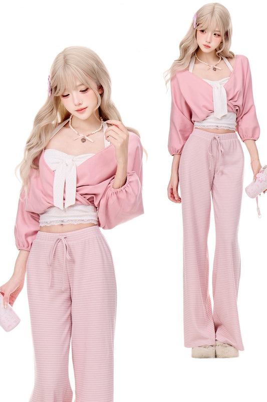 Pink Cardigan White Polka Dot Camisole and Pants 3-Piece Set-Up