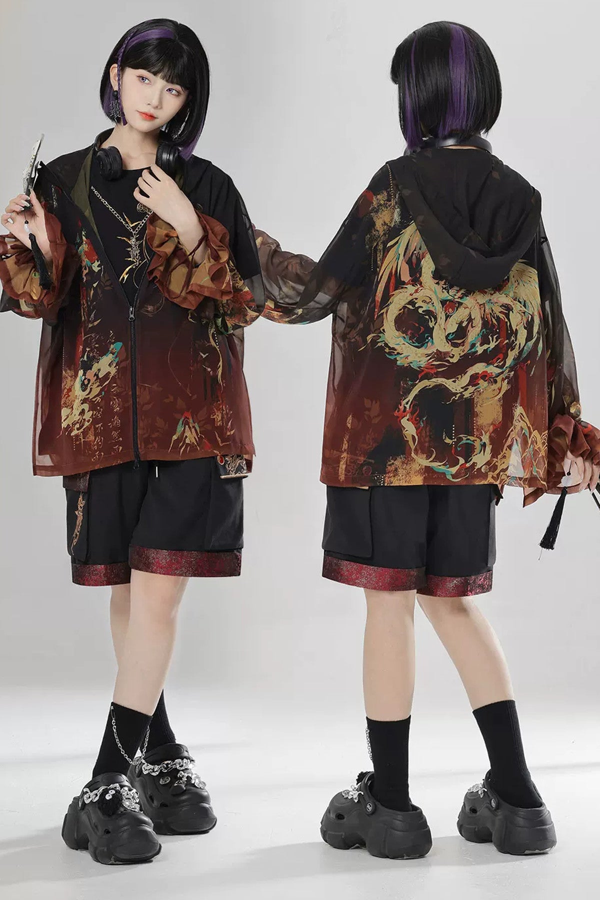 Short-Sleeve Dragon Embroidered T-Shirt and Shorts Set-Up