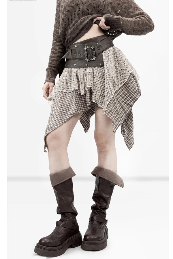 Brown Plaid PU Leather Skirt