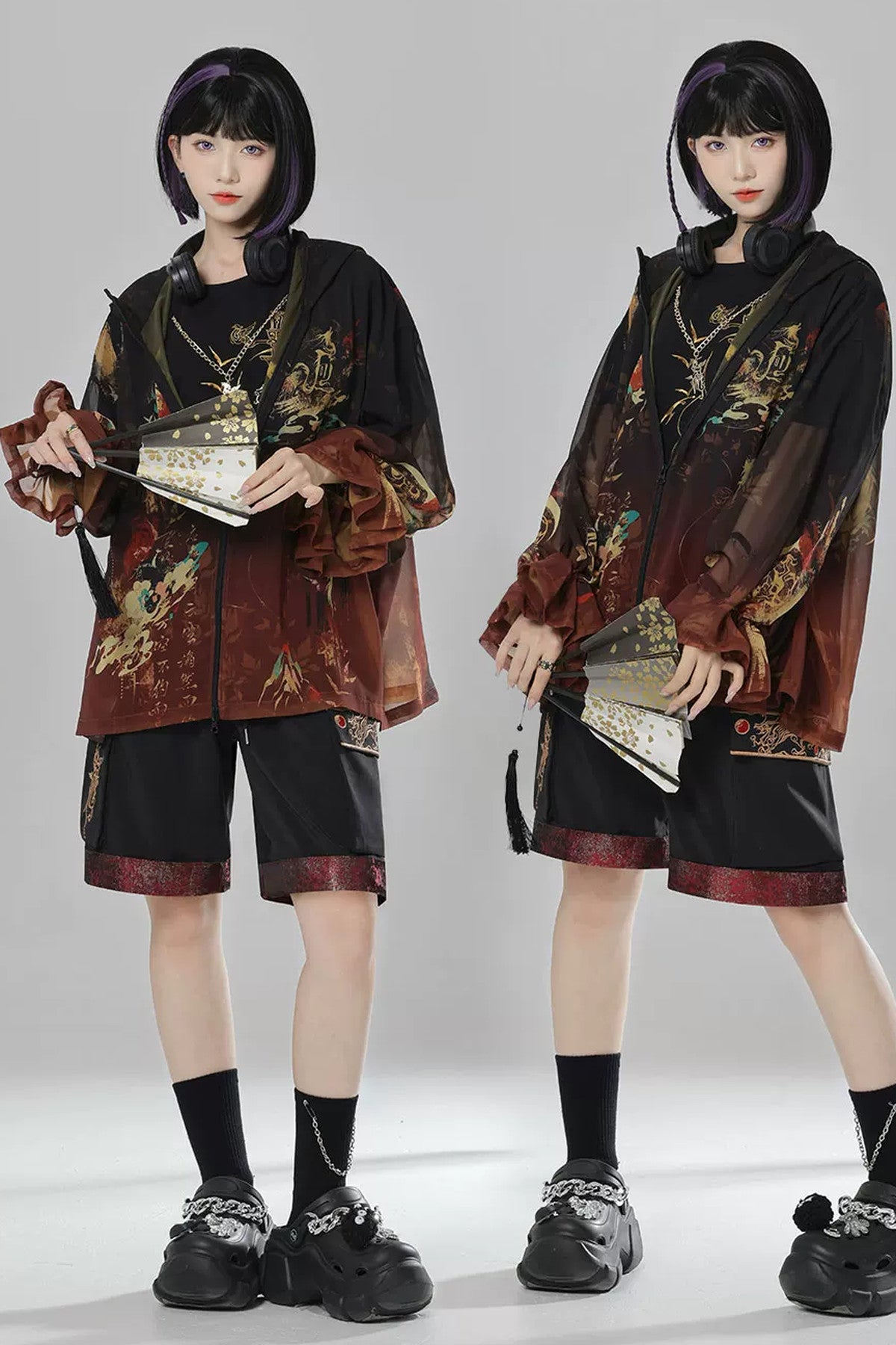 Short-Sleeve Dragon Embroidered T-Shirt and Shorts Set-Up