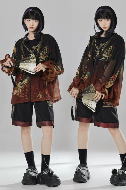 Short-Sleeve Dragon Embroidered T-Shirt and Shorts Set-Up